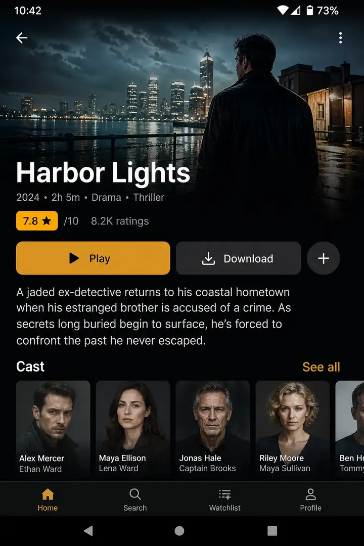 Movie details and streaming interface in the app