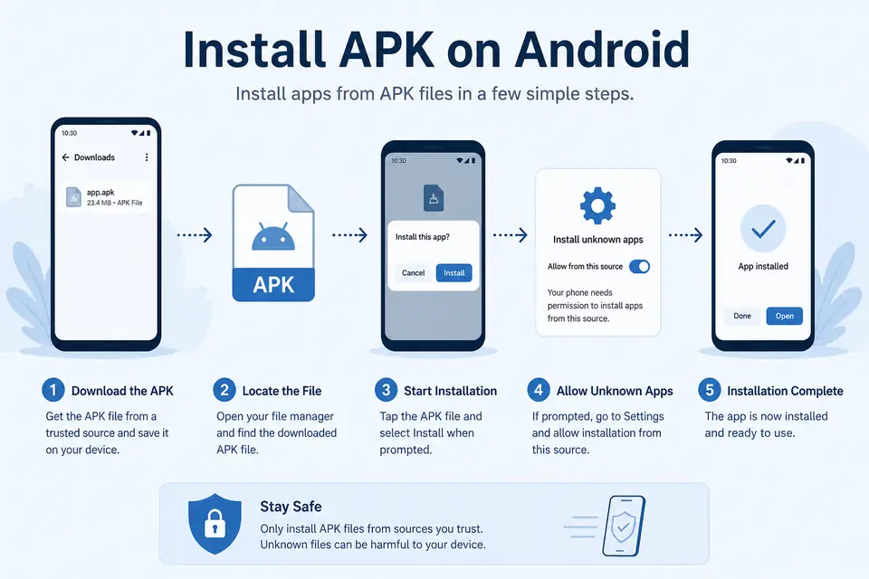 Educational Android APK install steps with phone settings and package icon