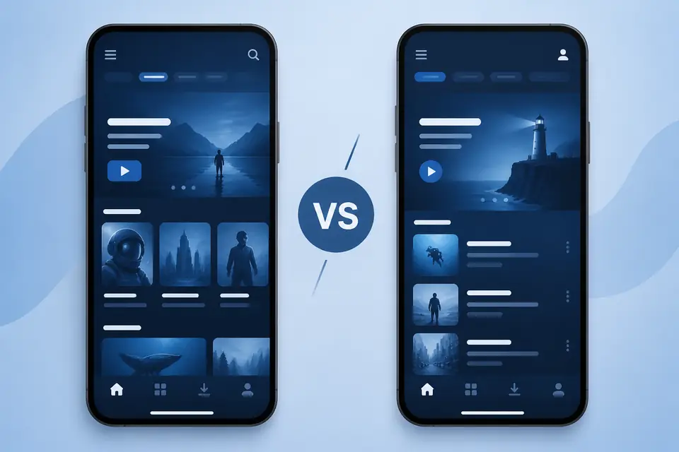 Side-by-side smartphone comparison concept for MovieBox versus licensed streaming apps